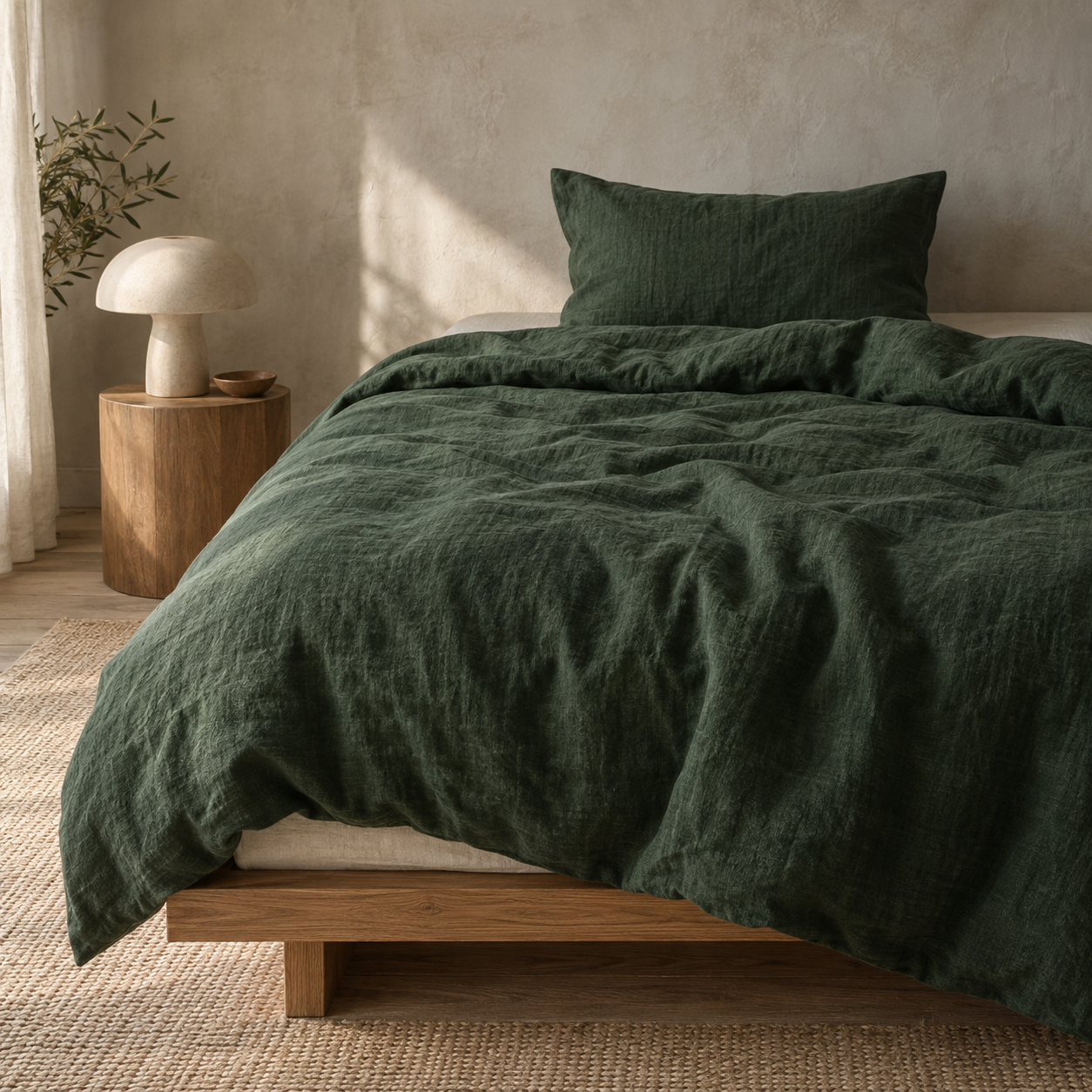 Dunkelgrüne Stonewashed Leinen-Bettwäsche
